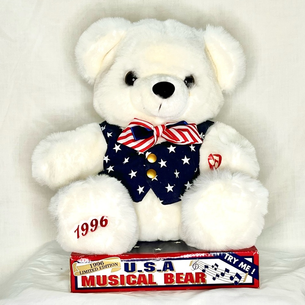 Vintage 1996, U.S.A. Musical Bear, Limited Edition. Red writing new